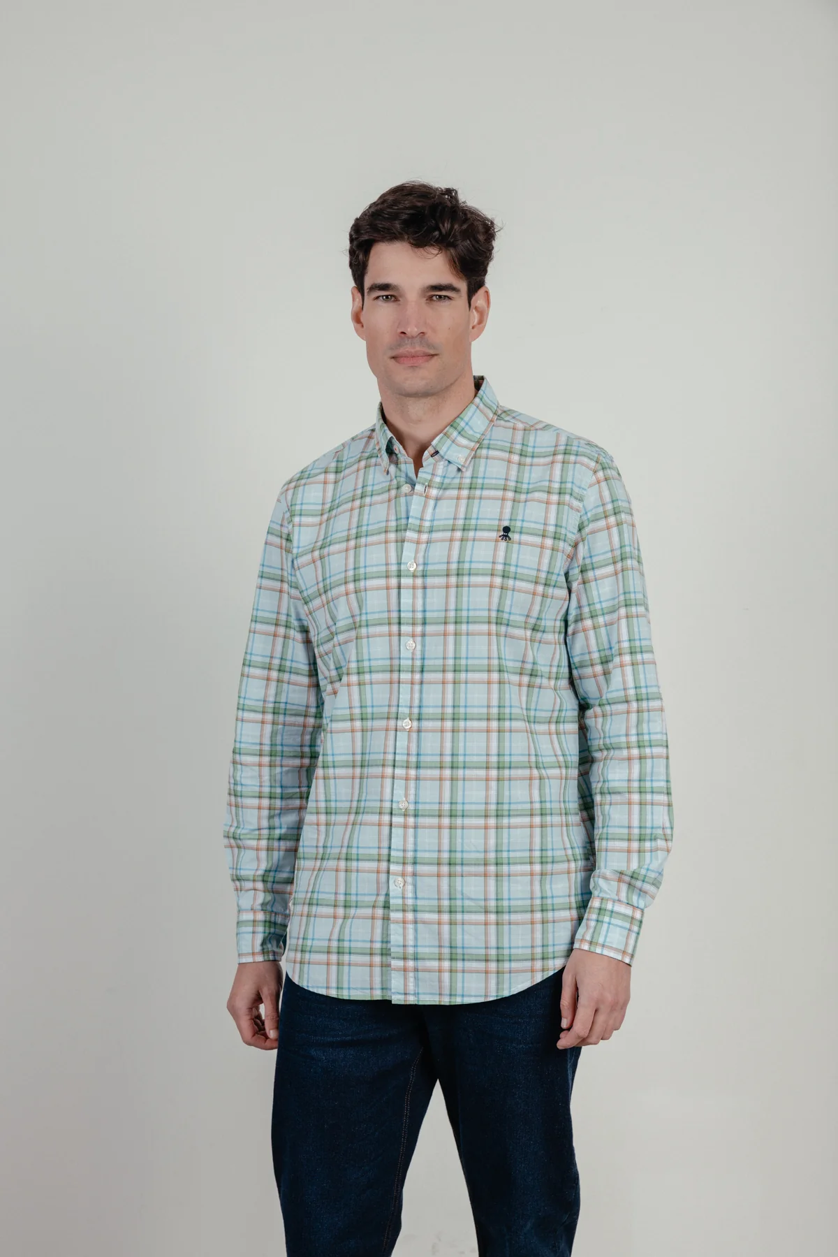 Camisa casual popelín cuadro verde agua - Image 3
