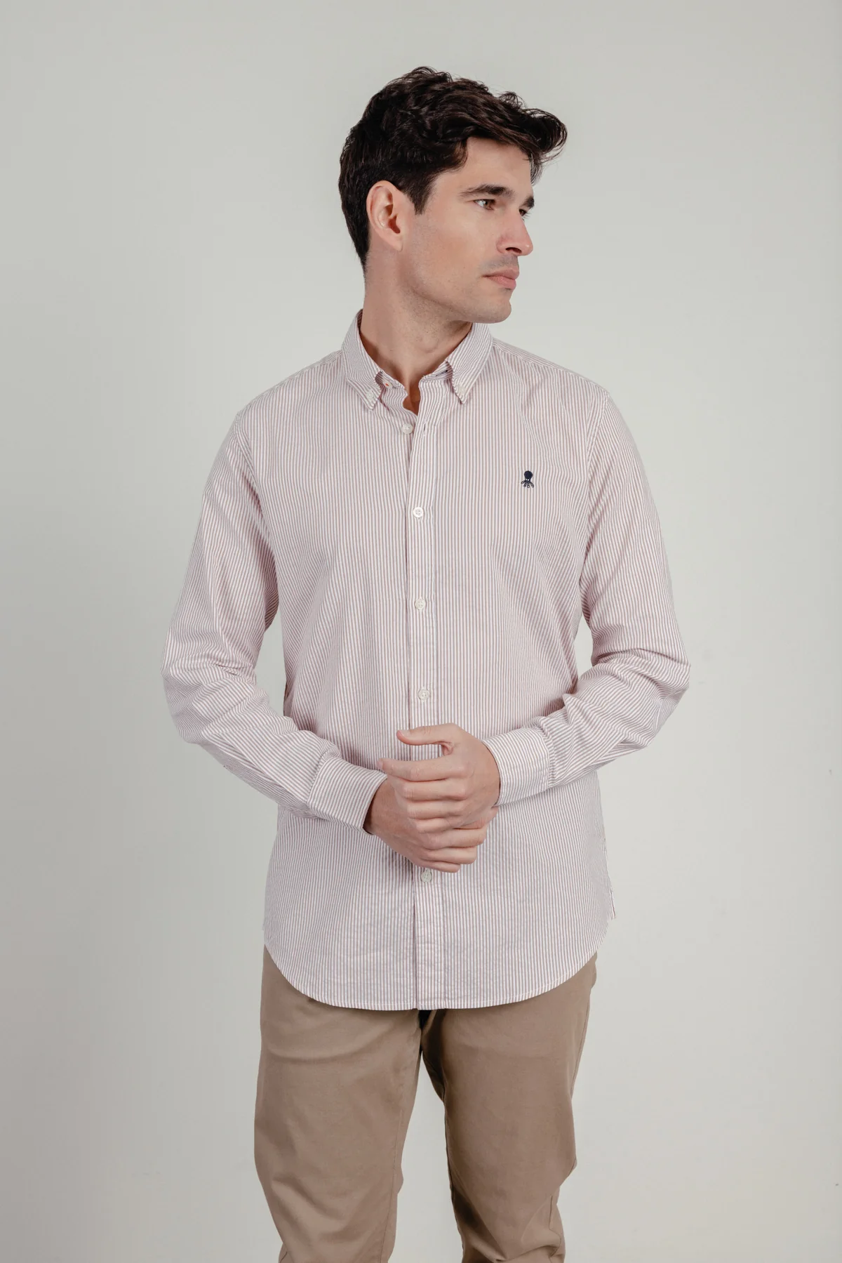 Camisa casual popelín raya pequeña canela - Image 2