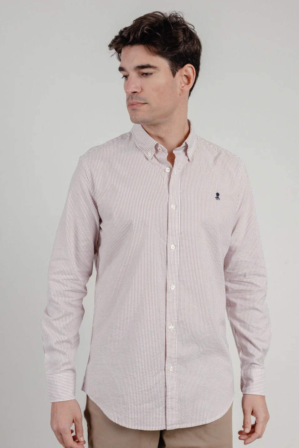 Camisa casual popelín raya pequeña canela - Image 3
