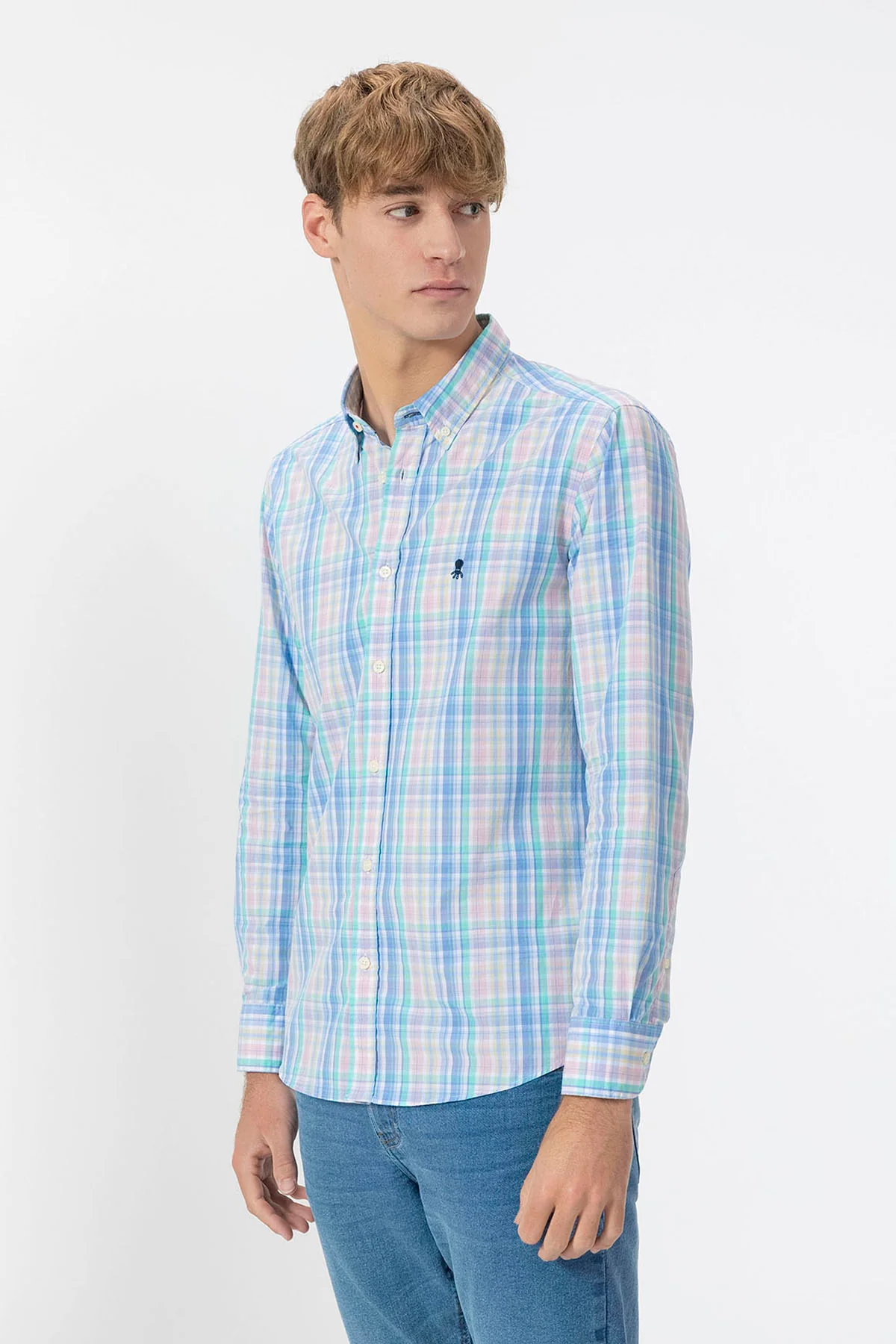 CAMISA CUELLO BOTÓN POPELÍN CUADROS AZUL MULTICOLOR - Image 2