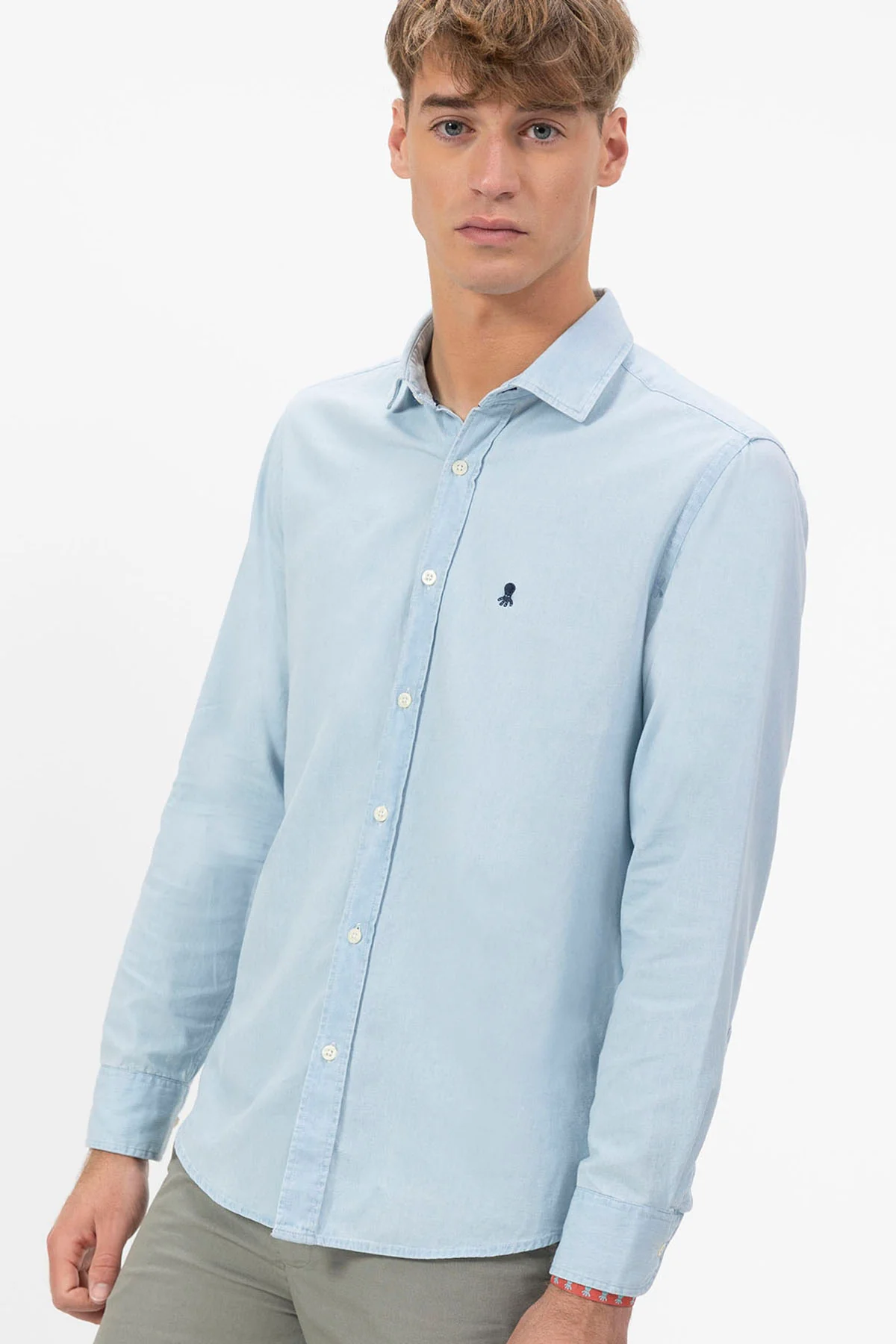 CAMISA CUELLO ITALIANO DENIM ÍNDIGO BLEACH
