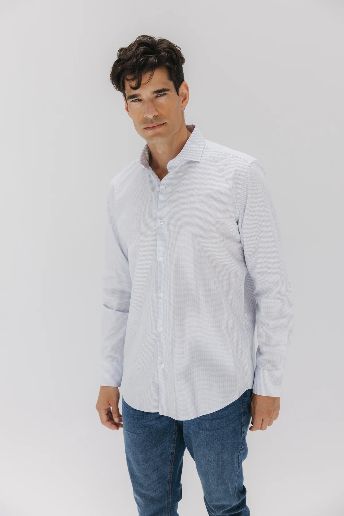CAMISA SEMIVESTIR POPELÍN MICRO CUADRO VENTANA AZUL