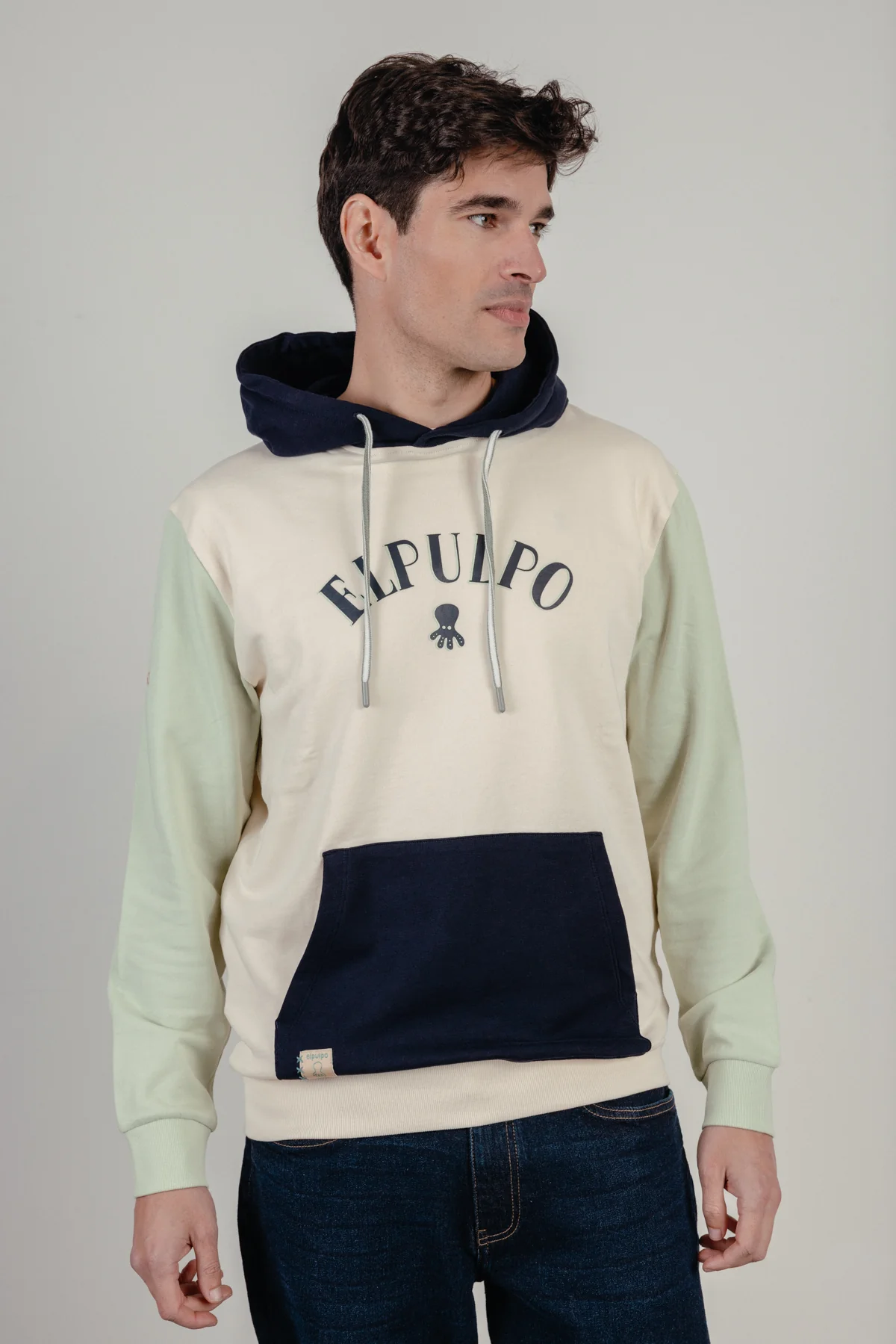 Sudadera capucha color block estampado blanco roto - Image 3